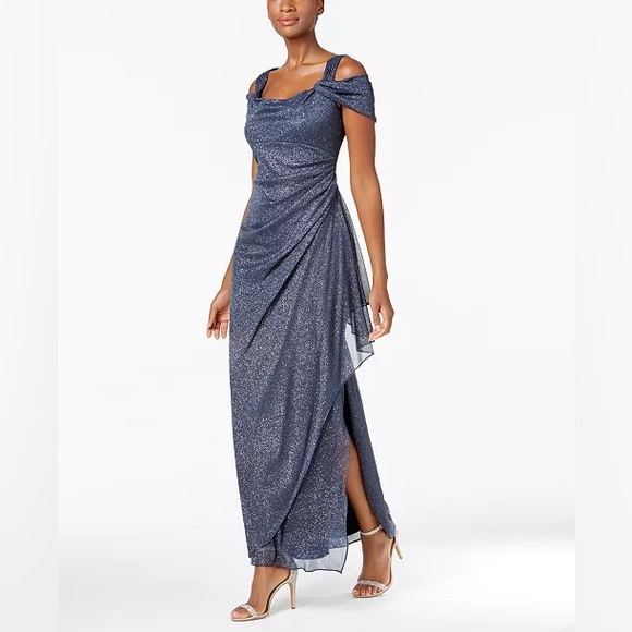 ALEX EVENINGS Cold-Shoulder Draped Metallic Gown - Picture 4 of 7